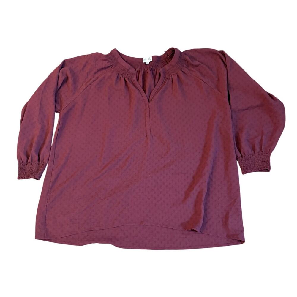 Wonderly Women’s 2X Burgundy Textured‎ Peasant Blouse Long Sleeve Boho Top EUC